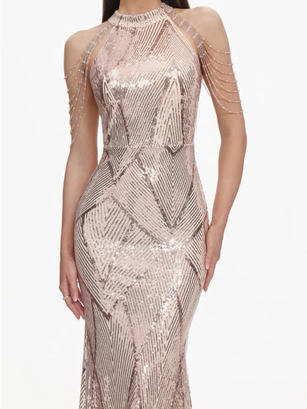 Beaded Cold-Shoulder Sequin Halter Gown in Blush Pink